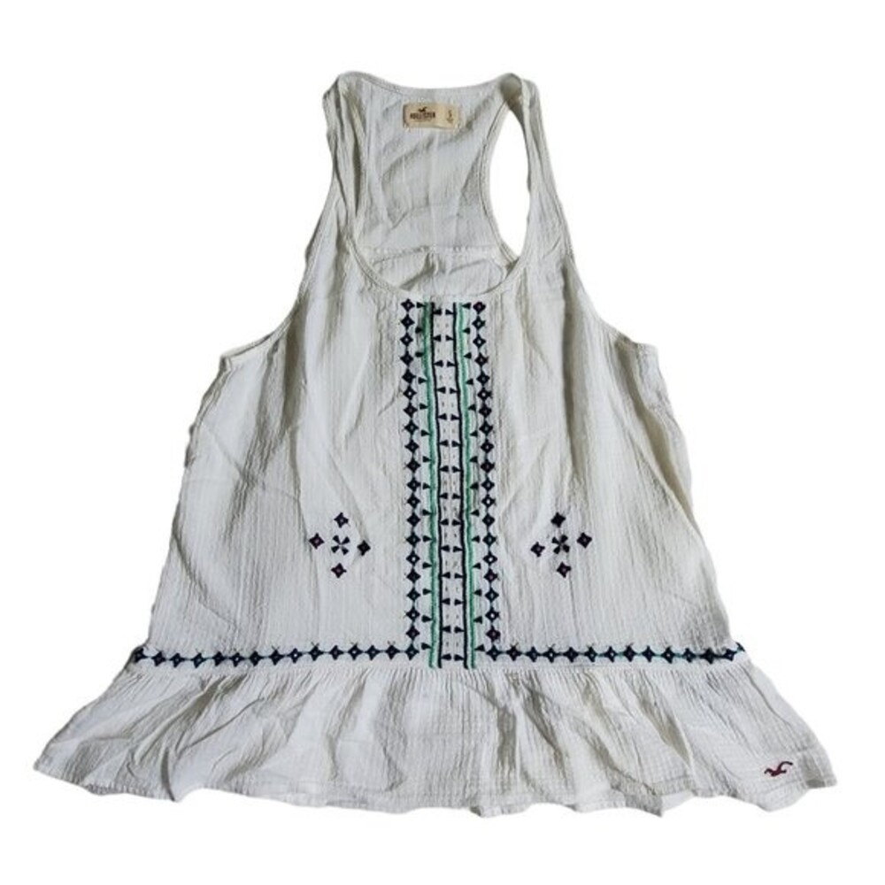 Hollister White Sleeveless Racerback Tank Top with Embroidery - Size Small